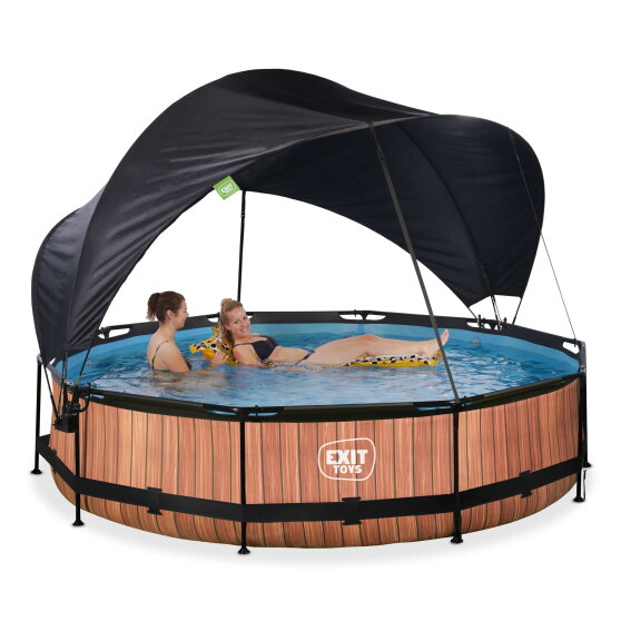 Piscina EXIT Wood ø360x76cm con bomba de depuración y toldo, color marrón