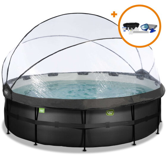 Piscina EXIT Black Leather ø488x122cm con bomba de filtrado de arena y cúpula y set de accesorios, color negro