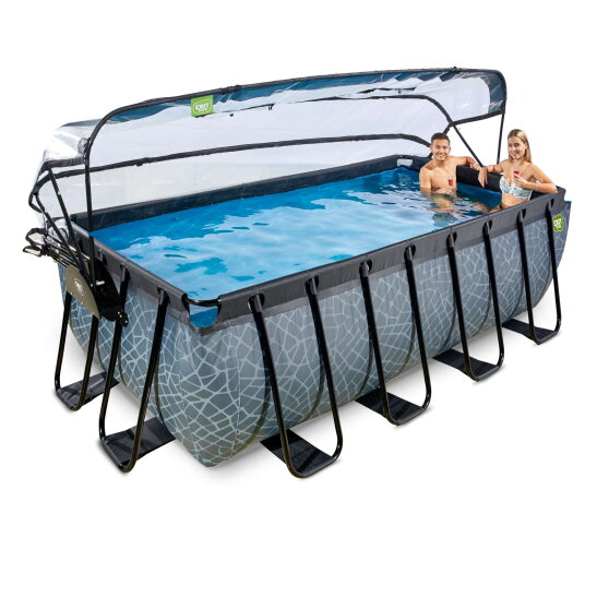 Piscina EXIT Stone 400x200x122cm con bomba de filtrado de arena y cúpula, color gris