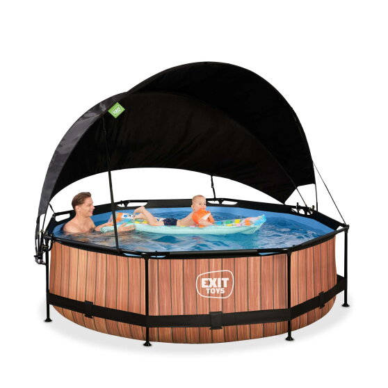 Piscina EXIT Wood ø300x76cm con bomba de depuración y toldo, color marrón