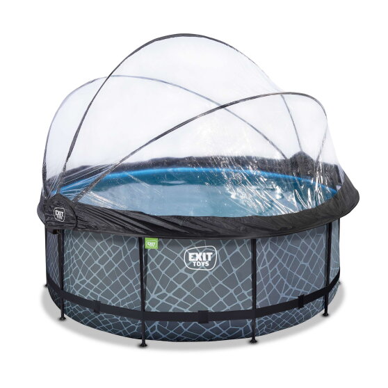 Piscina EXIT Stone ø360x122cm con bomba de filtrado de arena y cúpula y bomba de calor, color gris