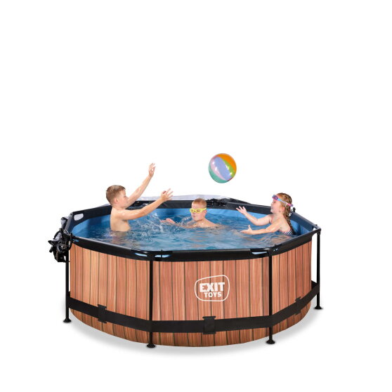 Piscina EXIT Wood ø244x76cm con bomba de depuración y cúpula, color marrón