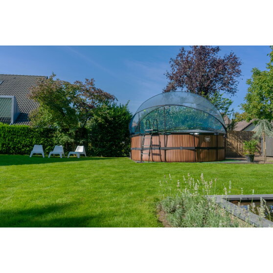 Piscina EXIT Wood &oslash;450x122cm con bomba de filtrado de arena y c&uacute;pula, color marr&oacute;n