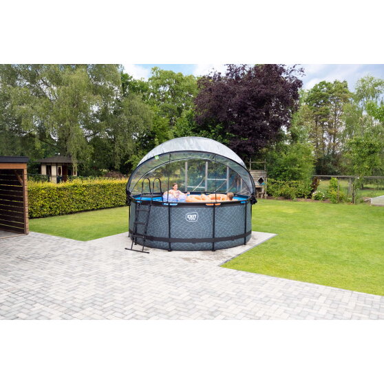 Piscina EXIT Stone ø360x122cm con bomba de filtrado de arena y cúpula y bomba de calor, color gris