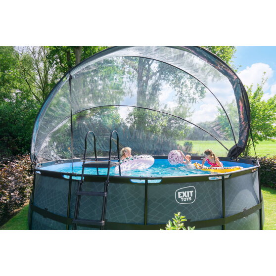 Piscina EXIT Black Leather ø488x122cm con bomba de filtrado de arena y cúpula y bomba de calor, color negro