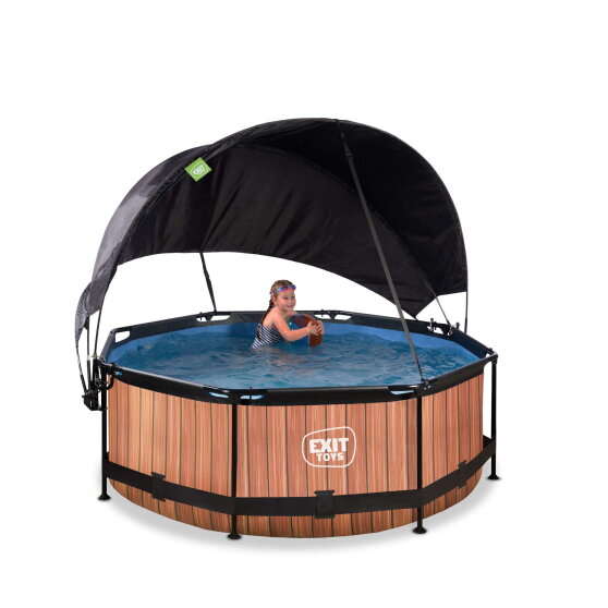 Piscina EXIT Wood &oslash;244x76cm con bomba de depuraci&oacute;n y toldo, color marr&oacute;n