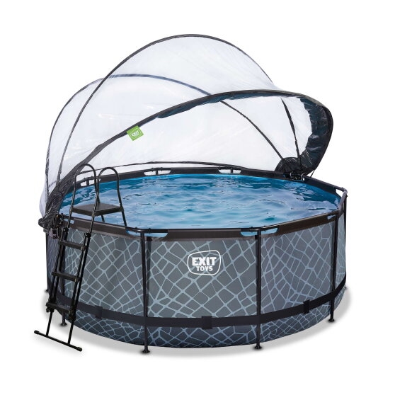 Piscina EXIT Stone &oslash;360x122cm con bomba de filtrado de arena y c&uacute;pula y bomba de calor, color gris
