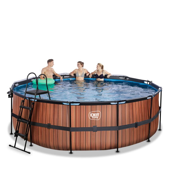 Piscina EXIT Wood &oslash;427x122cm con bomba de filtrado de arena y c&uacute;pula, color marr&oacute;n