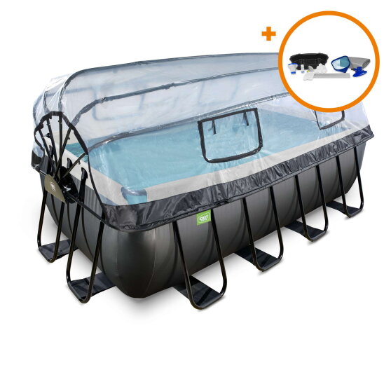 Piscina EXIT Black Leather 400x200x122cm con bomba de filtrado de arena y cúpula y set de accesorios, color negro