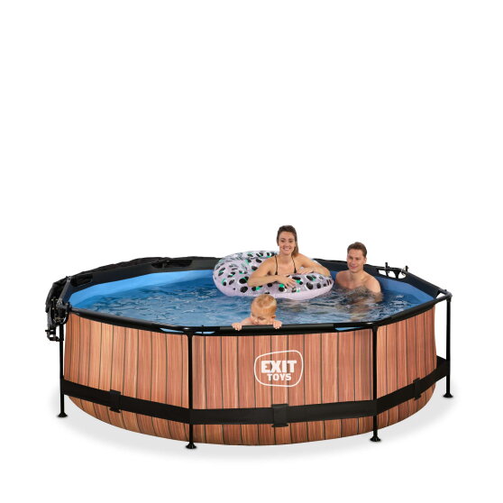 Piscina EXIT Wood ø300x76cm con bomba de depuración y toldo, color marrón