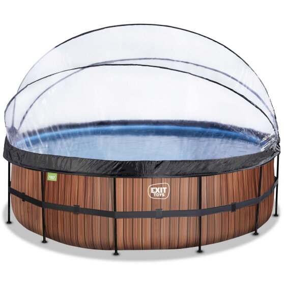 Piscina EXIT Wood &oslash;488x122cm con bomba de filtrado de arena y c&uacute;pula y bomba de calor, color marr&oacute;n