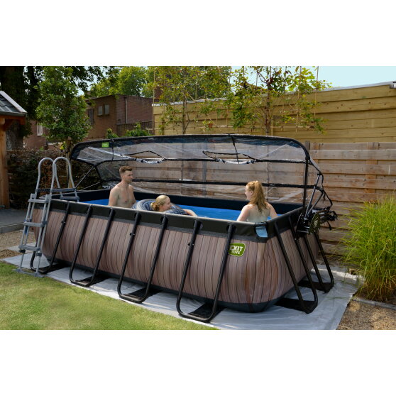 EXIT Wood pool 400x200x100cm with sand filter pump and dome and heat pump - brown