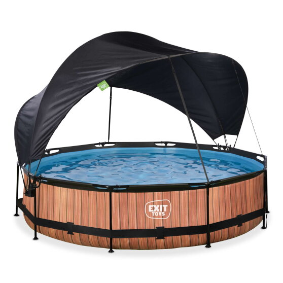 Piscina EXIT Wood ø360x76cm con bomba de depuración y toldo, color marrón