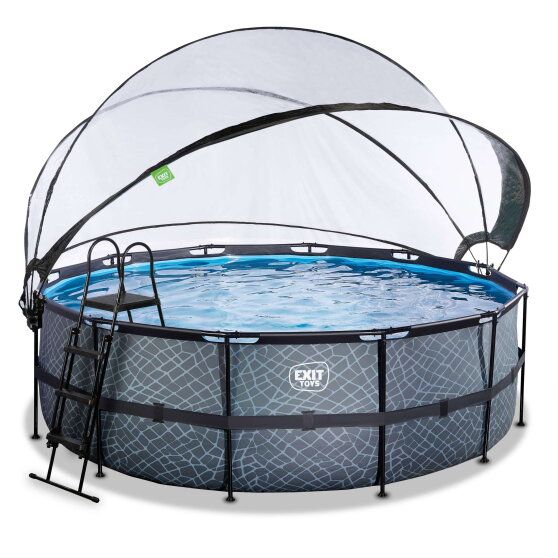 Piscina EXIT Stone &oslash;427x122cm con bomba de filtrado de arena y c&uacute;pula y bomba de calor, color gris