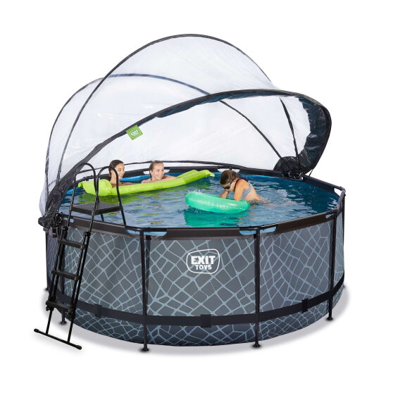 Piscina EXIT Stone ø360x122cm con bomba de filtrado de arena y cúpula y bomba de calor, color gris