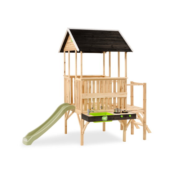 Casita infantil de madera EXIT Panorama 350 con tobogán y cocina de juguete