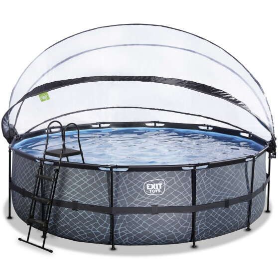 Piscina EXIT Stone &oslash;488x122cm con bomba de filtrado de arena y c&uacute;pula y bomba de calor, color gris