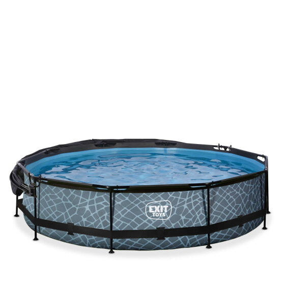 Piscina EXIT Stone ø360x76cm con bomba de depuración y toldo, color gris