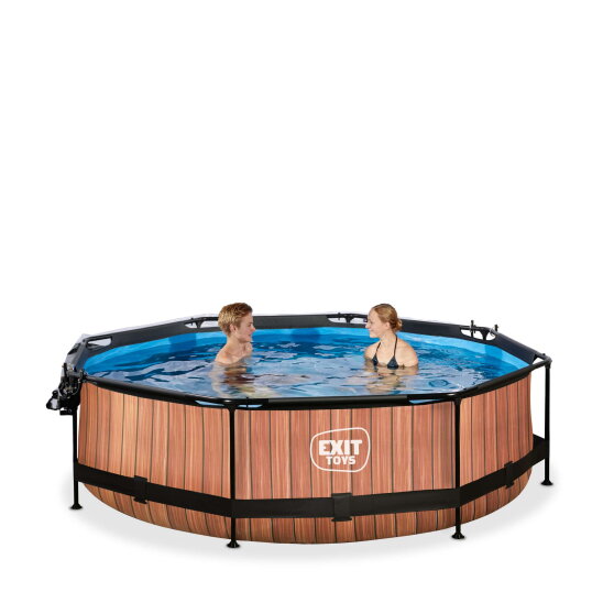 Piscina EXIT Wood ø300x76cm con bomba de depuración y cúpula, color marrón