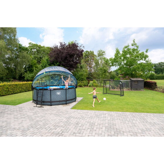 Piscina EXIT Black Leather &oslash;360x122cm con bomba de filtrado de arena y c&uacute;pula y set de accesorios, color negro
