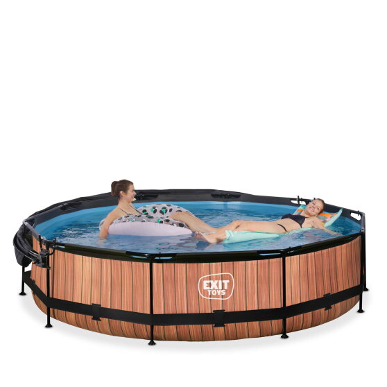 Piscina EXIT Wood ø360x76cm con bomba de depuración y toldo, color marrón