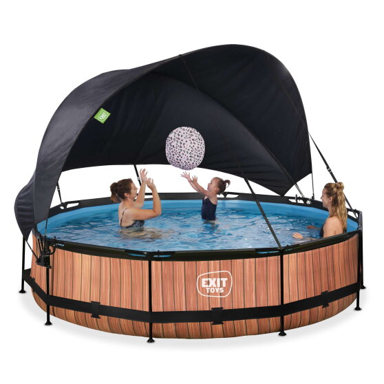 Piscina EXIT Wood ø360x76cm con bomba de depuración y toldo, color marrón
