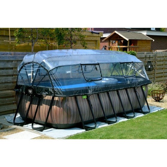 EXIT Wood pool 400x200x100cm with sand filter pump and dome and heat pump - brown