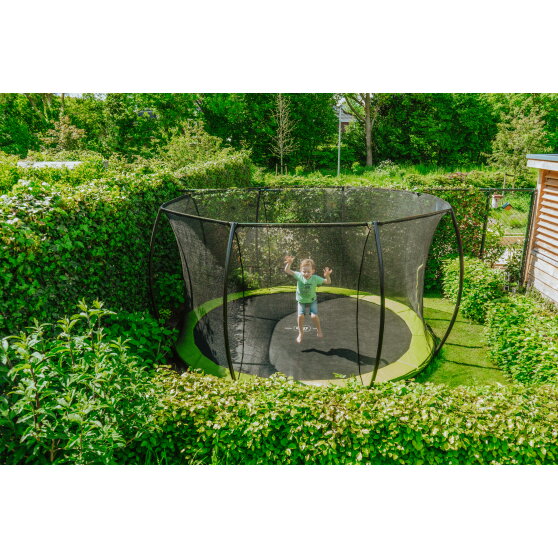 Cama elástica enterrada EXIT Silhouette ø427cm con red de seguridad, color verde