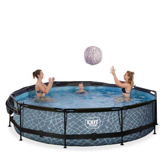 Piscina EXIT Stone ø360x76cm con bomba de depuración y toldo, color gris