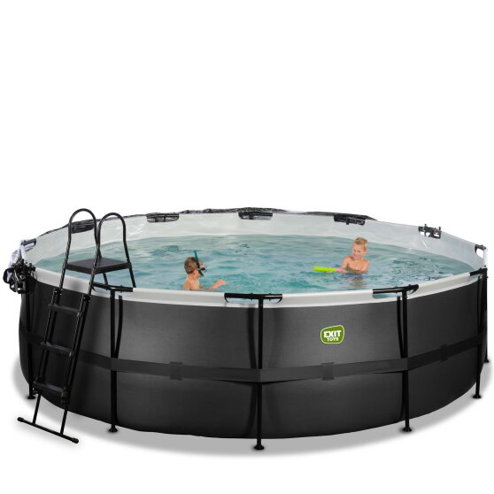 Piscina EXIT Black Leather ø488x122cm con bomba de filtrado de arena y cúpula y bomba de calor, color negro