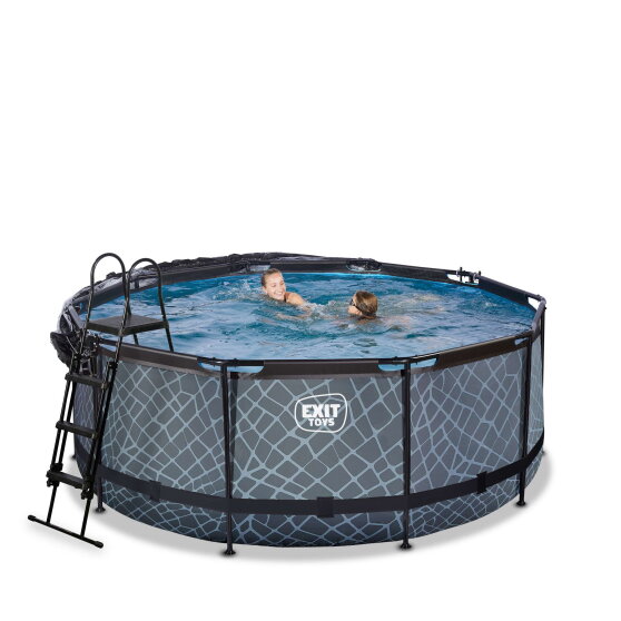 Piscina EXIT Stone ø360x122cm con bomba de filtrado de arena y cúpula y bomba de calor, color gris