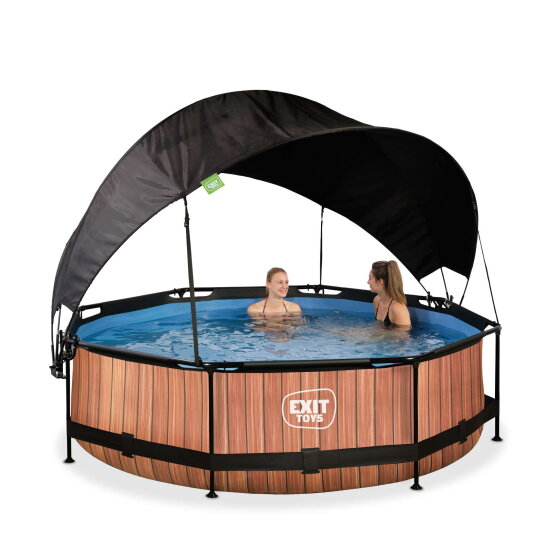 Piscina EXIT Wood ø300x76cm con bomba de depuración y toldo, color marrón