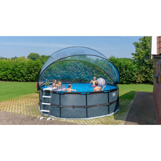 Piscina EXIT Black Leather &oslash;450x122cm con bomba de filtrado de arena y c&uacute;pula y set de accesorios, color negro