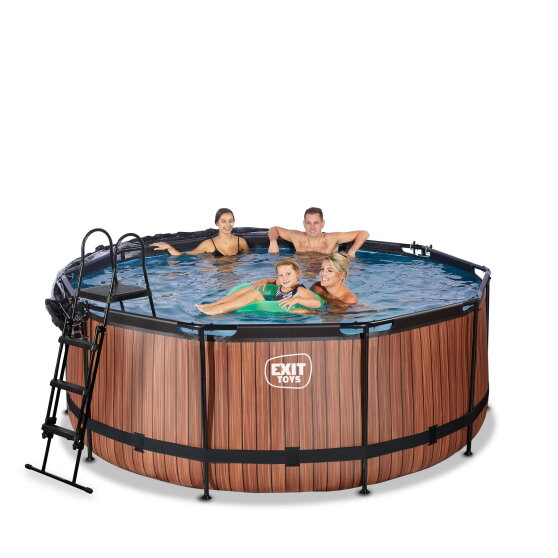 Piscina EXIT Wood ø360x122cm con bomba de filtrado de arena y cúpula, color marrón
