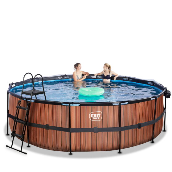Piscina EXIT Wood ø450x122cm con bomba de filtrado de arena y cúpula, color marrón