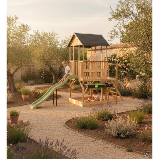 Casita infantil de madera EXIT Panorama 550 con tobog&aacute;n, cocina de juguete y arenero