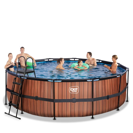 Piscina EXIT Wood ø450x122cm con bomba de filtrado de arena, color marrón