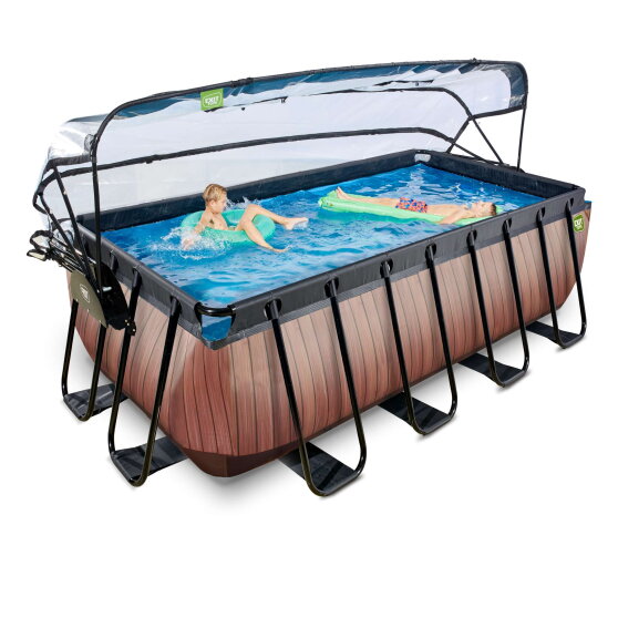 Piscina EXIT Wood 400x200x122cm con bomba de filtrado de arena y cúpula y bomba de calor, color marrón