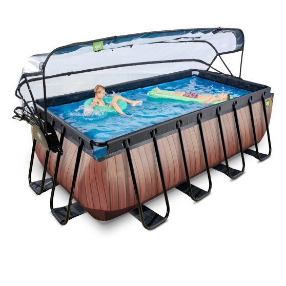 EXIT Wood pool 400x200x122cm with sand filter pump and dome - brown