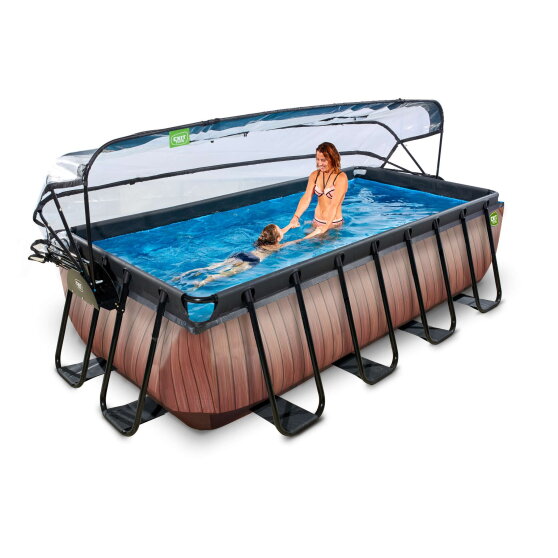 Piscina EXIT Wood 400x200x100cm con bomba de filtrado de arena y cúpula y bomba de calor, color marrón