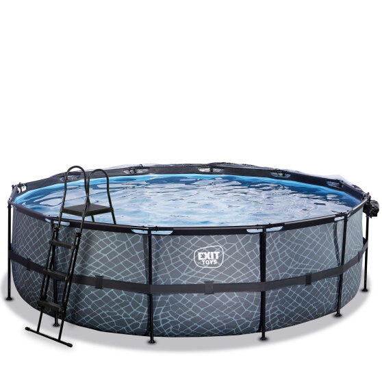 Piscina EXIT Stone ø488x122cm con bomba de filtrado de arena y cúpula y bomba de calor, color gris