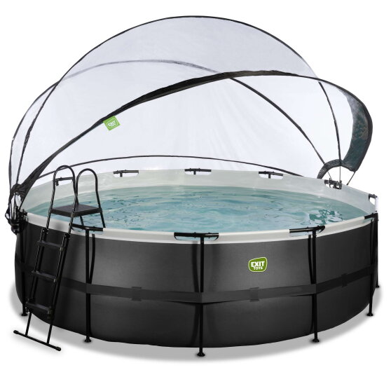 Piscina EXIT Black Leather ø450x122cm con bomba de filtrado de arena y cúpula y set de accesorios, color negro