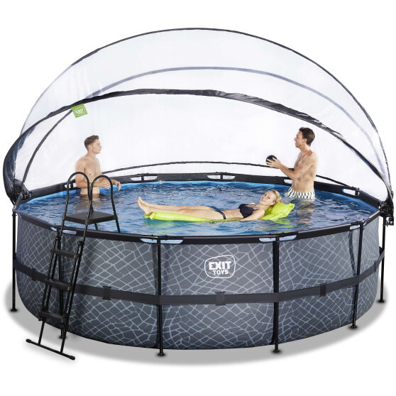 Piscina EXIT Stone ø488x122cm con bomba de filtrado de arena y cúpula y bomba de calor, color gris