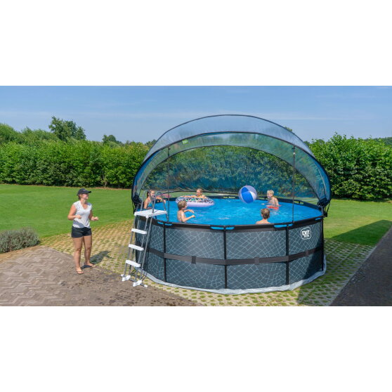 Piscina EXIT Black Leather &oslash;450x122cm con bomba de filtrado de arena y c&uacute;pula y set de accesorios, color negro