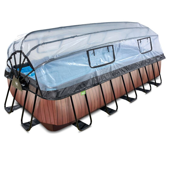Piscina EXIT Wood 540x250x122cm con bomba de filtrado de arena y cúpula y bomba de calor, color marrón