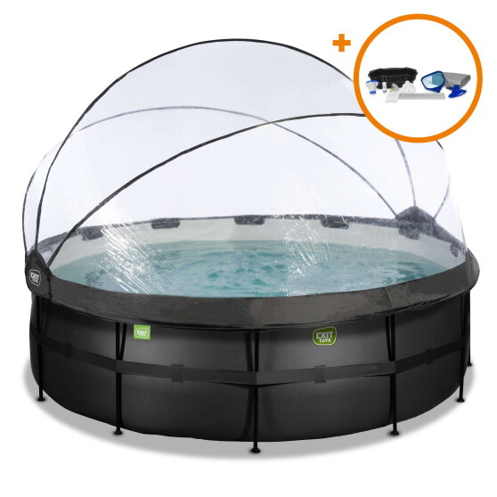 Piscina EXIT Black Leather ø427x122cm con bomba de filtrado de arena y cúpula y set de accesorios, color negro