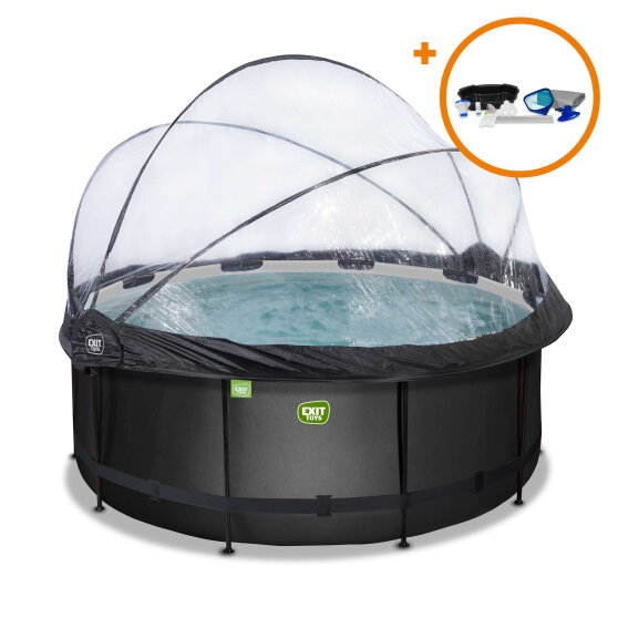 Piscina EXIT Black Leather ø360x122cm con bomba de filtrado de arena y cúpula y set de accesorios, color negro
