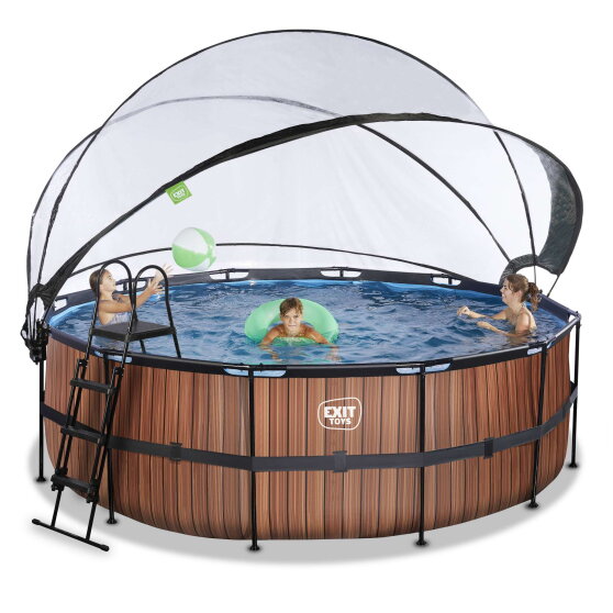 Piscina EXIT Wood &oslash;427x122cm con bomba de filtrado de arena y c&uacute;pula, color marr&oacute;n