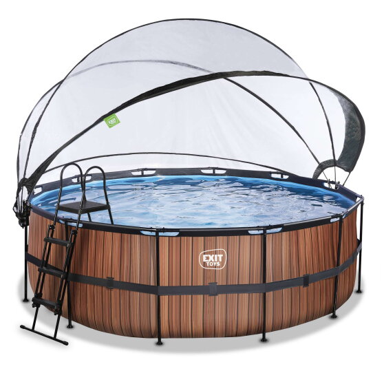 Piscina EXIT Wood &oslash;427x122cm con bomba de filtrado de arena y c&uacute;pula, color marr&oacute;n