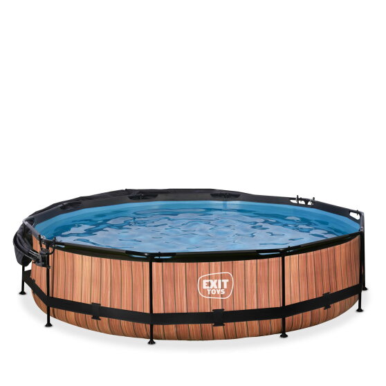 Piscina EXIT Wood ø360x76cm con bomba de depuración y toldo, color marrón
